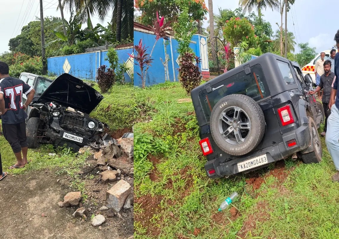 Four injured as Thar SUV plunges into roadside drain near Bantakal - News Karnataka