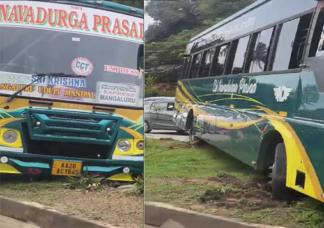 Private bus gets stuck on divider, traffic snarls hit NH 66 near Katapady: WATCH - News Karnataka