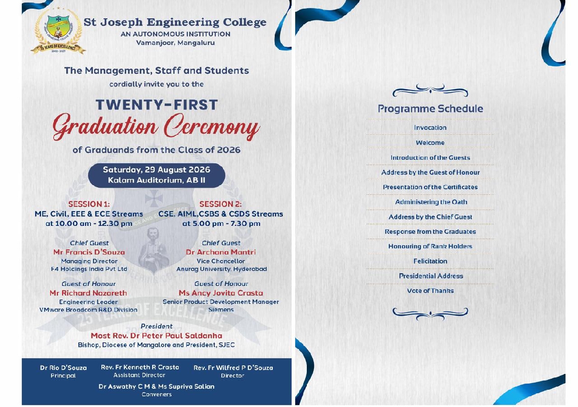 St Joseph Engineering College to Host 21st Graduation Ceremony for Class of 2026 - News Karnataka
