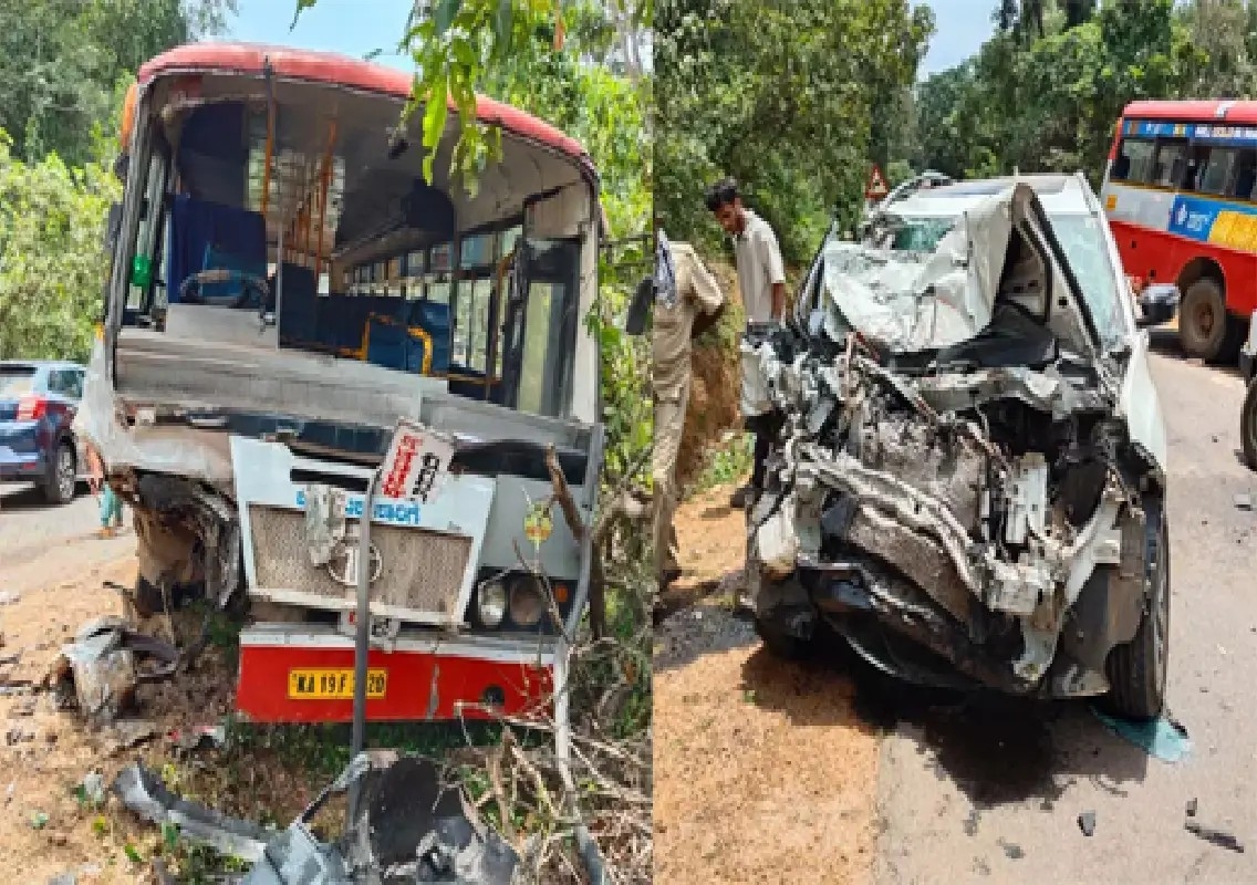 Several injured as car, KSRTC bus collide near Kokkada - News Karnataka