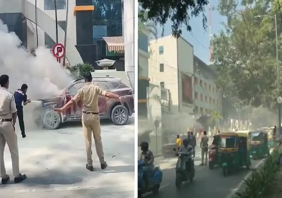 Car gutted in fire near Bengaluru Police Commissioner’s office, no casualties - News Karnataka