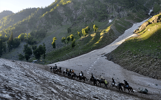 Pilgrims leave Nunwani base camp in Jammu and Kashmir's Pahalgam
