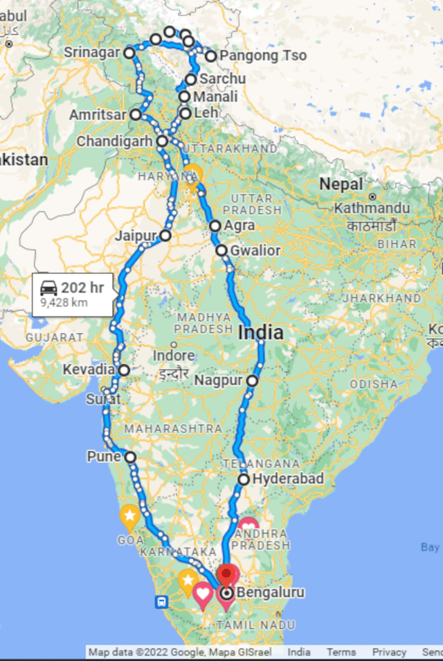 Bengaluru to Ladakh Road Trip Route Map