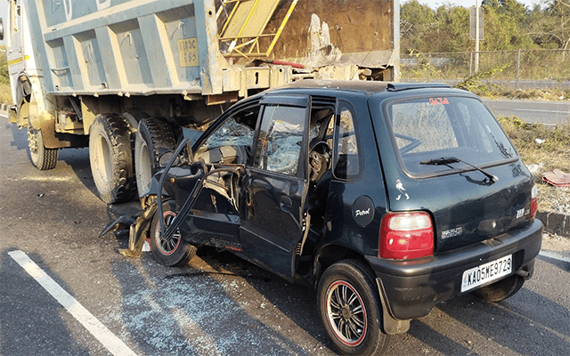 Ramanagara: Three injured as car collides with tipper lorry