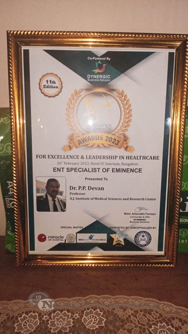 Dr P P Devan of AJ Medical College gets Golden Aim award
