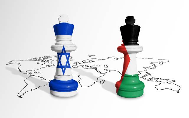 Chess made from Israel and Gaza flags on a world map.