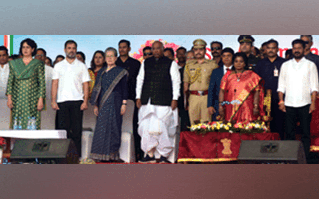Congress President Mallikarjun Kharge, party leaders Rahul Gandhi and Priyanka Gandhi Vadra on Thursday greeted A Revanth Reddy for taking oath as Telangana Chief Minister